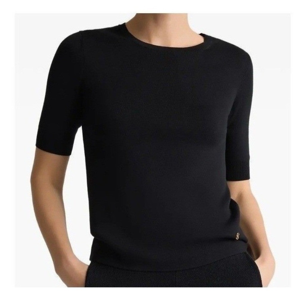 St. John Fine Gauge Silk & Cotton Knit Marlie Sweater, Gold Emblem, BNWT